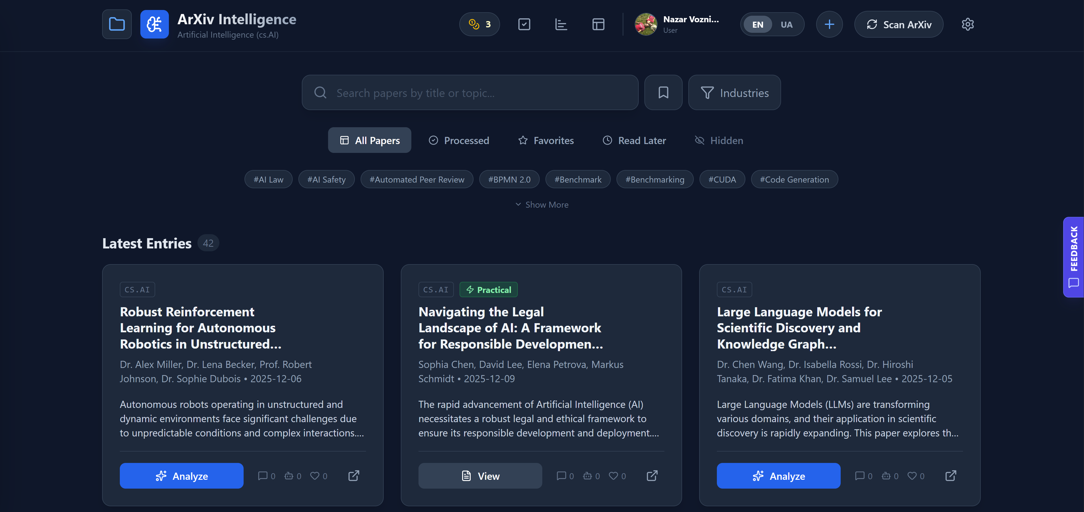 ArXiv Intelligence Dashboard - AI-powered research paper analysis interface